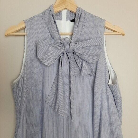 BANANA REPUBLIC | Sleeveless Bow Neck Shift Dress Stripe Blue & White 10 Petite - Picture 3 of 10